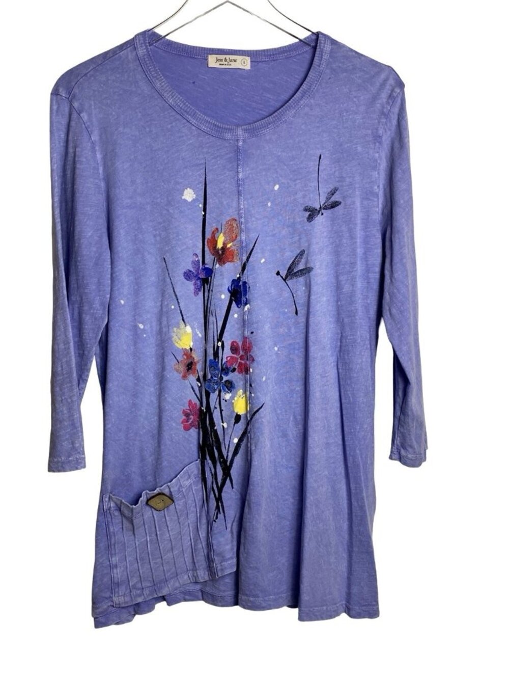 Jess & Jane Size L Lavender Mineral Washed Tunic Top Floral Dragonflies 3/4 Slv